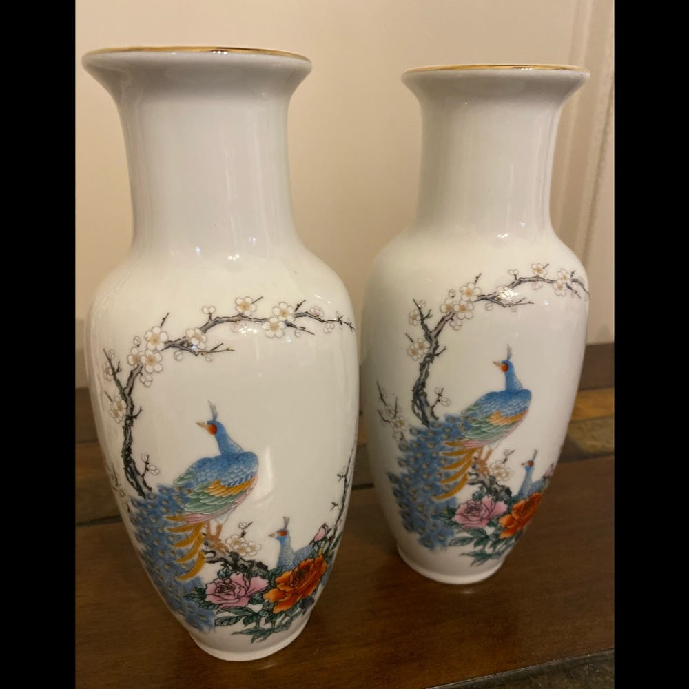 Vintage pair of Japanese Peacock Vases